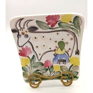 Vtg Arabia Pottery Hand Painted Rare Milk Maid Cow Floral Crackle Dish Finland